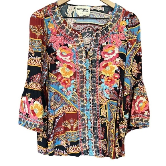 Savanna Jane Boho Floral Embroidered Paisley Bell Sleeve Black Top Size Small - Picture 3 of 13